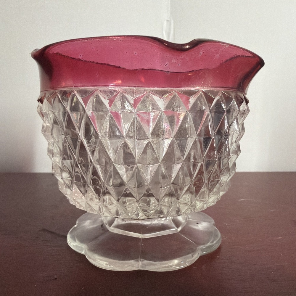 Indiana Glass Vintage Diamond Point Candle Bowl With Ruby Red Ruffled Crest